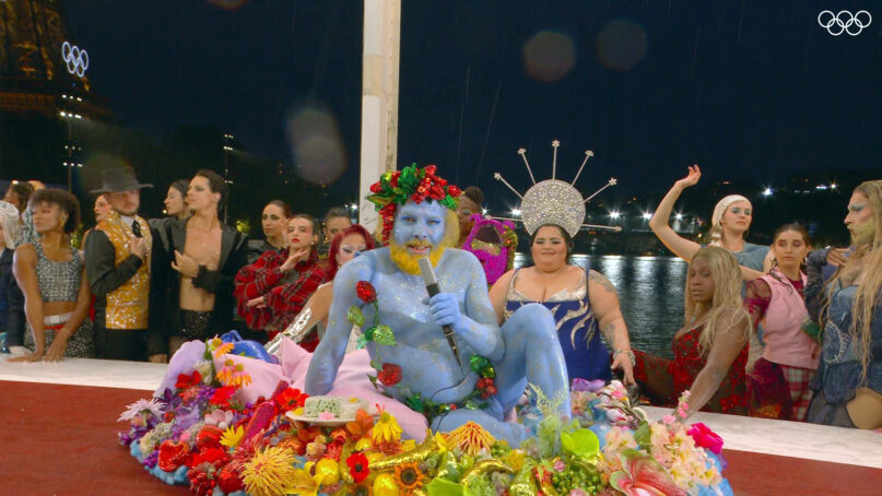 This scene during the opening ceremony of the Olympic Games in Paris, Friday, July 26, 2024, was meant to represent the Greek gods during a banquet, according to organizers. (Video screen grab)