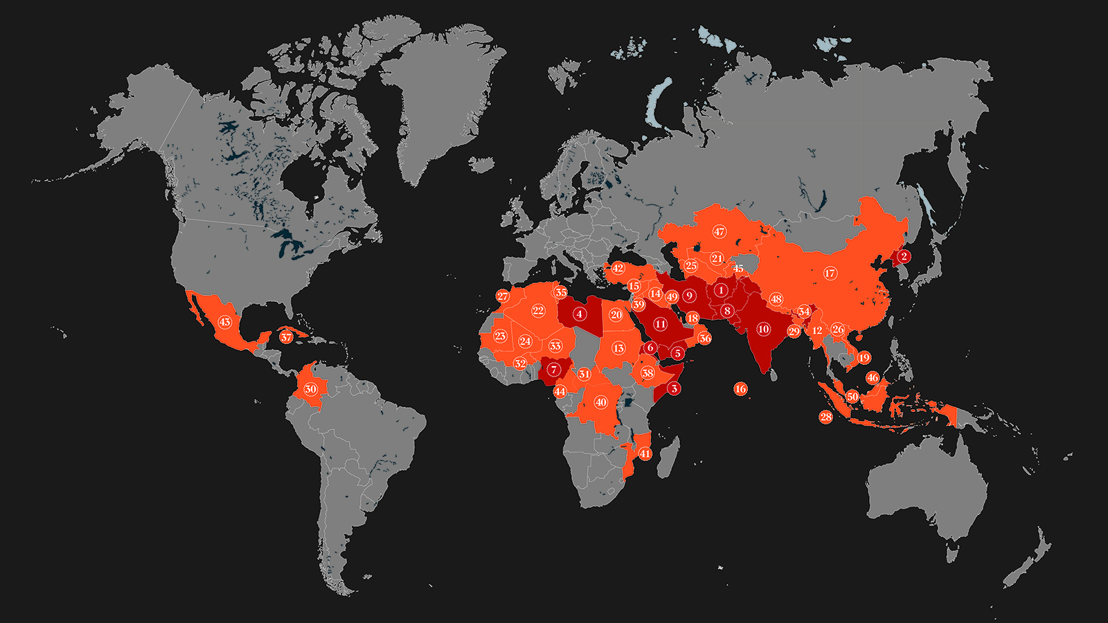 A map of the Open Doors 2022 World Watch List. Image courtesy of Open Doors