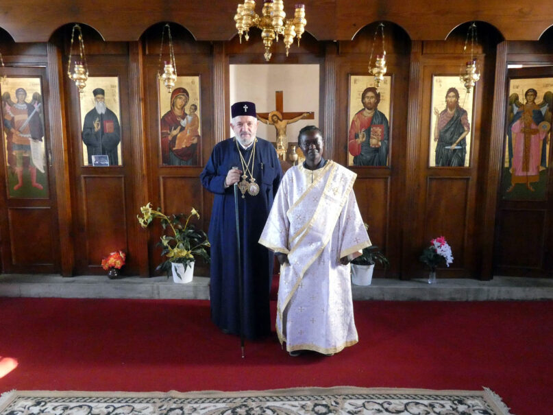 The Archbishop of Zimbabwe, Metropolitan Seraphim, left, ordained Angelic Molen at the St. Nektarios Mission Parish near Harare, Zimbabwe, Thursday, May 2, 2024. (St. Phoebe Center/Annie Frost)