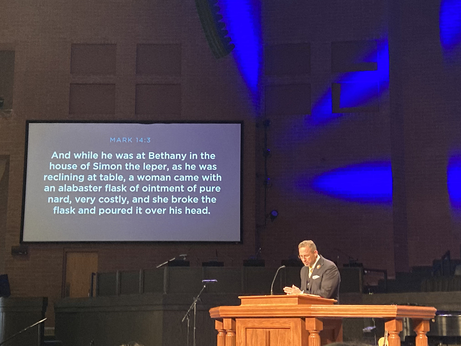 Pastor Clint Pressley likes to preach from a Colonial-style pulpit at Hickory Grove Baptist Church in Charlotte, North Carolina, on July 21, 2024. RNS photo by Yonat Shimron