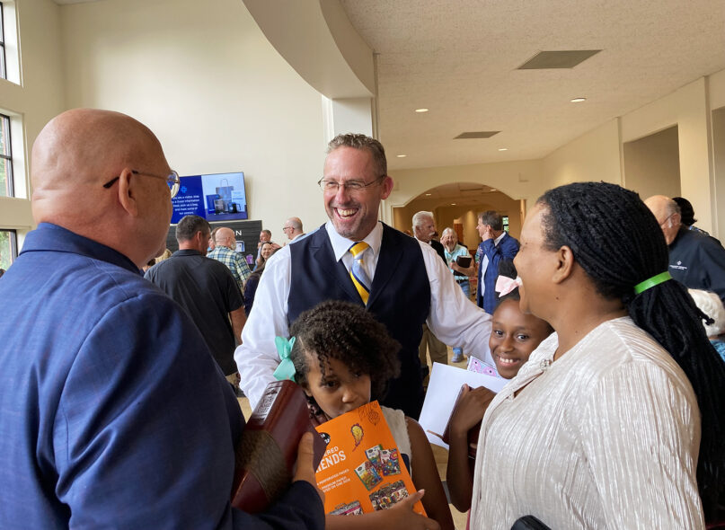 Pastor Clint Pressley greets worshippers after a service at Hickory Grove Baptist Church in Charlotte, North Carolina, on July 21, 2024. (RNS photo/Yonat Shimron)