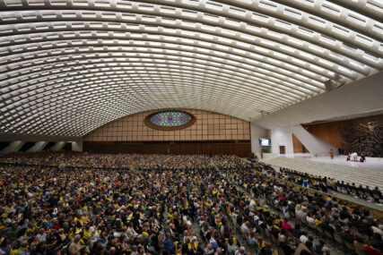 Pope Francis meets with members of Christian workers associations in the Paul VI Hall at the Vatican, June 1, 2024. (AP Photo/Andrew Medichini)