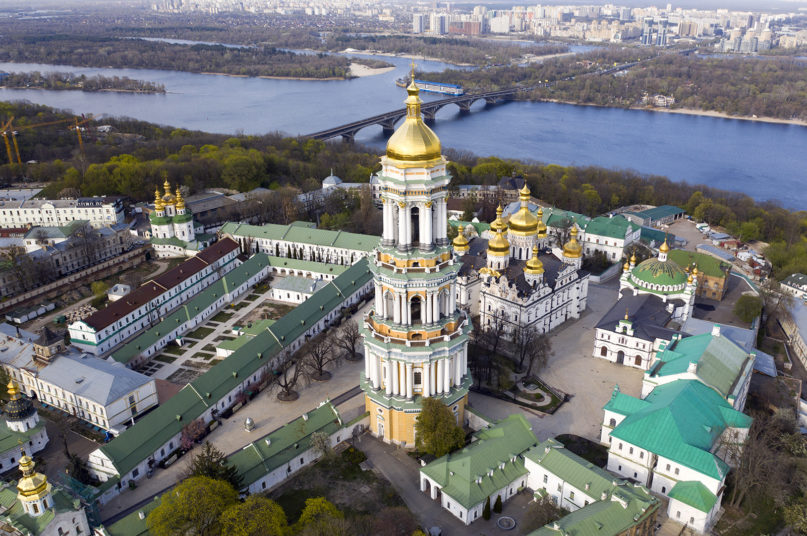 An aerial view of the Monastery of the Caves, also known as Kyiv-Pechersk Lavra, one of the holiest sites of Eastern Orthodox Christians, in Kyiv, Ukraine, April 13, 2020. (AP Photo/Efrem Lukatsky)