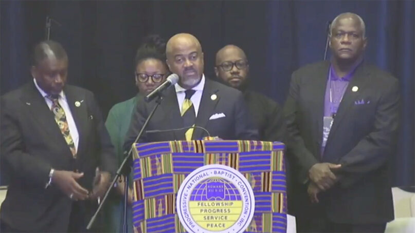 President David Peoples addresses the Progressive National Baptist Convention annual meeting, Aug. 7, 2024, in New Orleans. (Video screen grab)