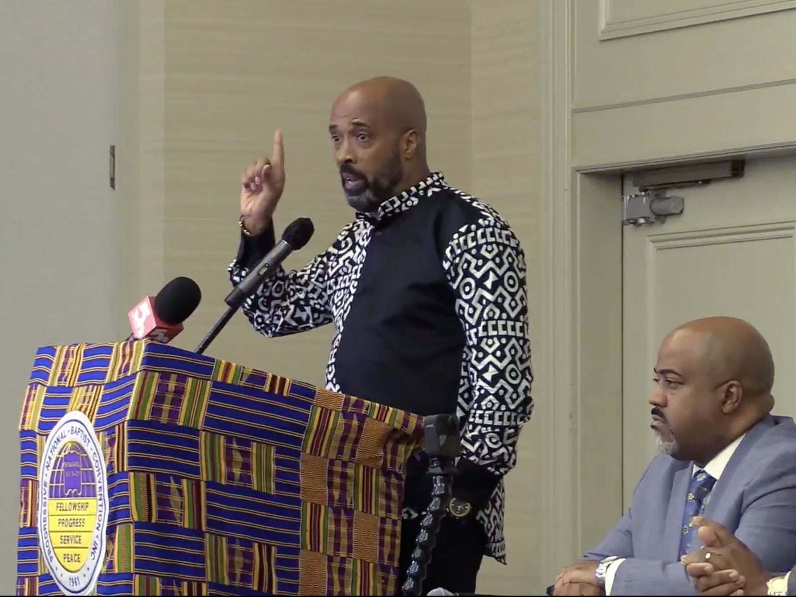 The Rev. Frederick Haynes III speaks at the annual session of the Progressive National Baptist Convention in St. Louis, Missouri, on Aug. 9, 2023. Video screen grab