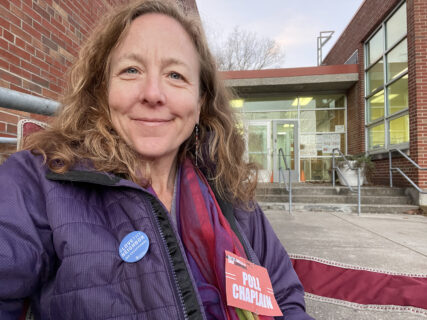 Bridget Moix as a poll chaplain in 2022 in Ohio. (Photo courtesy Moix)