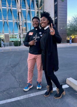 The Rev. Dontà McGilvery, left, and Pastor April Hawkins as poll chaplains in 2022 in Arizona. (Photo courtesy McGilvery)