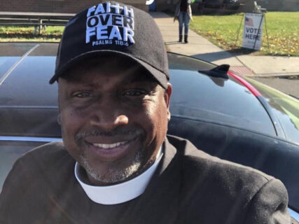 The Rev. Steve Bland Jr. as a poll chaplain. (Photo courtesy Bland)