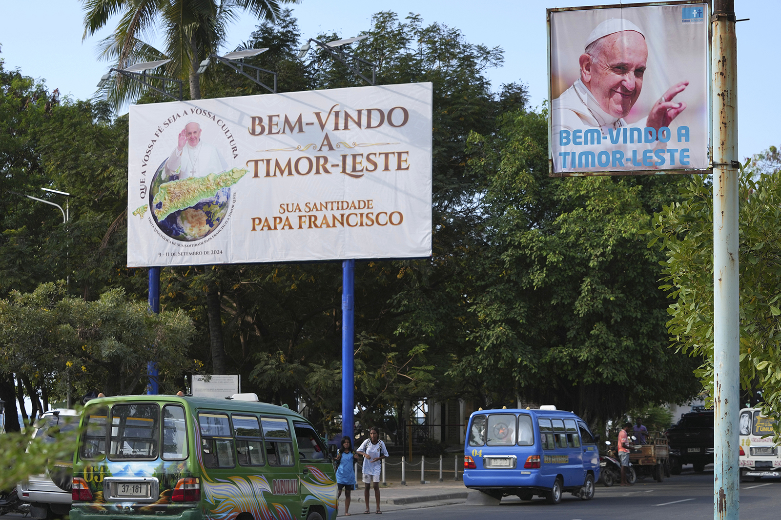 Billboards welcoming Pope Francis are seen in Dili, East Timor, Tuesday, Aug. 13, 2024. (AP Photo/Achmad Ibrahim)