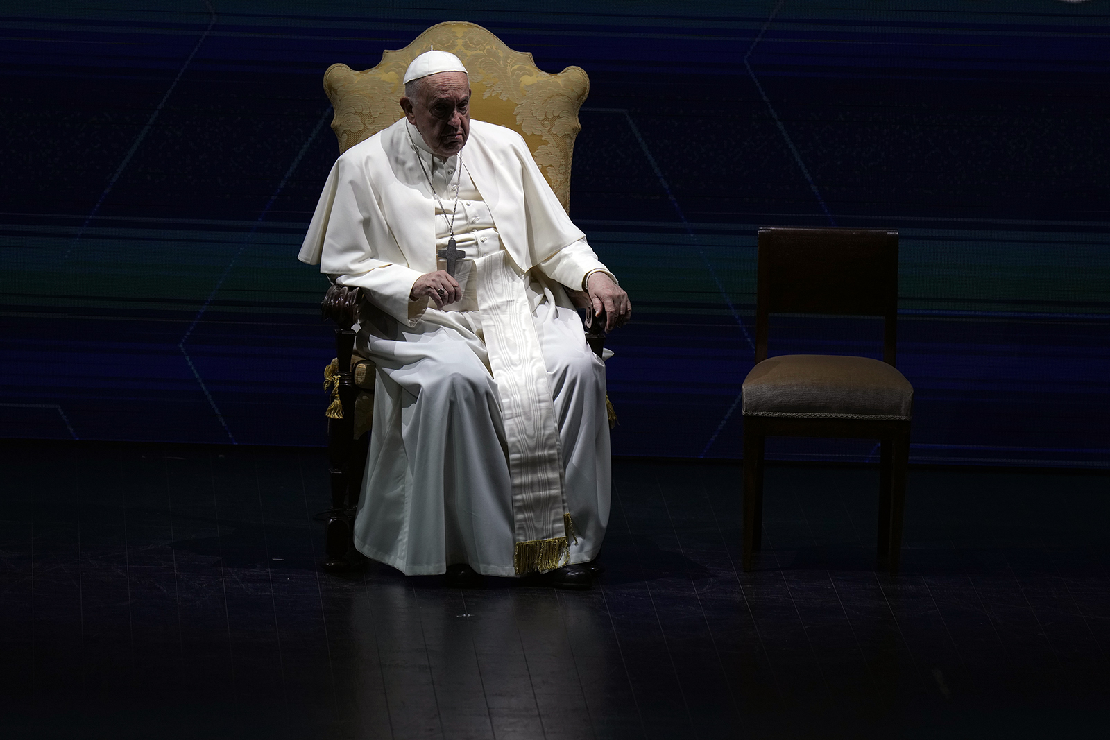 Pope Francis attends an annual gathering of pro-family organizations at the Auditorium della Conciliazione, in Rome, May 10, 2024. (AP Photo/Alessandra Tarantino)