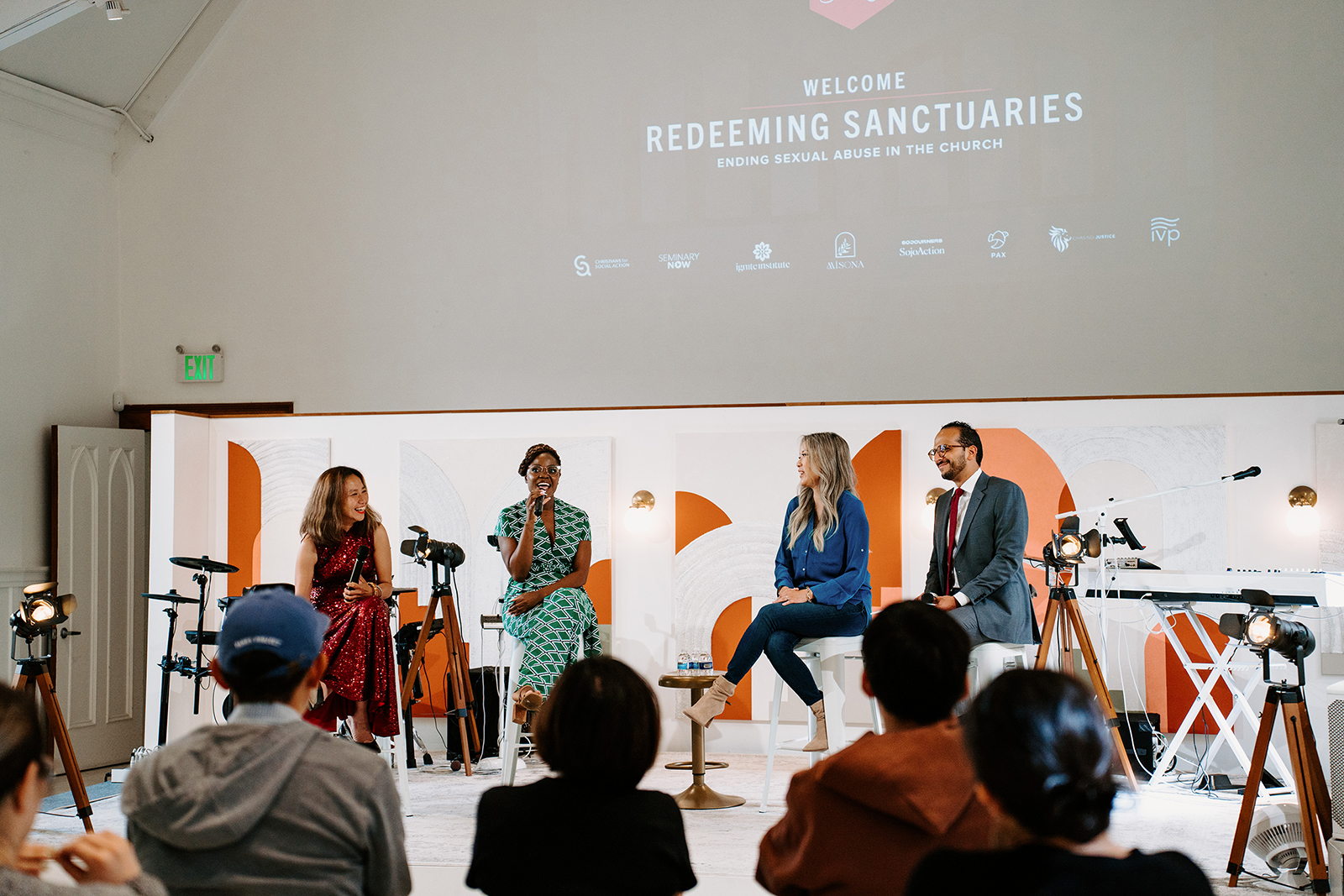 Rowena Chiu, from left, Jean Nangwala, Irene Cho, and facilitator Bigad Shaban participate in a panel during the Freely In Hope event titled "Redeeming Sanctuaries: Ending Sexual Abuse in the Church" in San Francisco in June 2023. (Photo courtesy Freely in Hope)