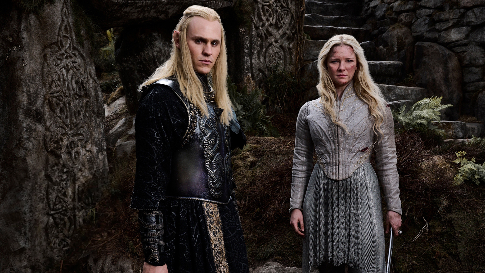 Actor Charlie Vickers as Sauron, left, and Morfyyd Clark as Galadriel in season 2 of "The Rings of Power" on Amazon Prime. (Photo by Ben Rothstein / Prime Video)