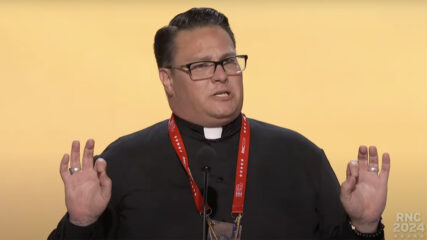 The Rev. James A. Roemke impersonates Donald Trump at the Republican National Convention, Monday, July 15, 2024, in Milwaukee, Wis. (Video screen grab)