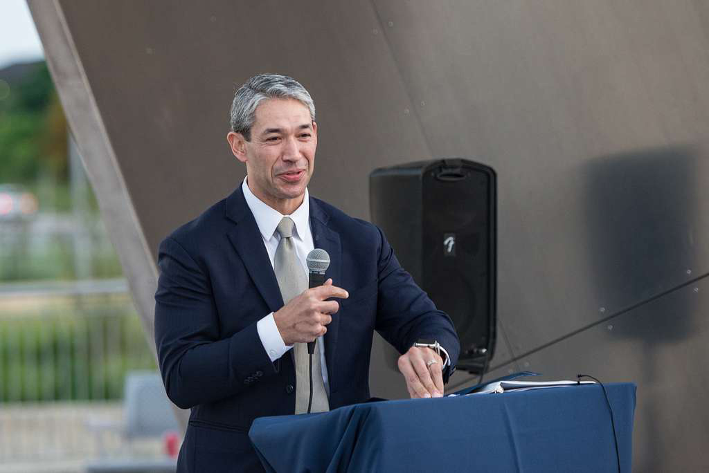 San Antonio Mayor Ron Nirenberg speaks during the Tribute to Freedom sculpture grand opening, Mar. 27, 2019. Photo by Andrew C. Patterson/U.S. Air Force/NARA/Creative Commons