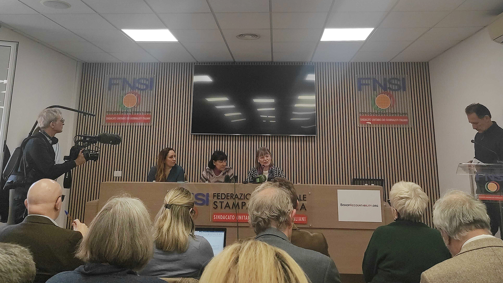 Lawyer Laura Sgro, from left, Gloria Branciani and Mirjam Kovac, former member of the Loyola community of sisters co-founded by the Rev. Marko Rupnik, during a news conference in Rome, Feb. 21, 2024. (RNS photo/Claire Giangravè)