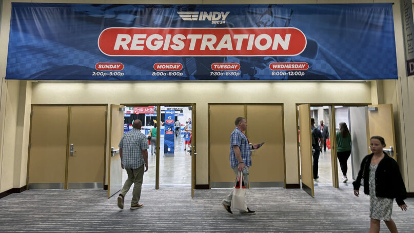 Registration for the Southern Baptist Convention annual meeting at the Indiana Convention Center in Indianapolis, Indiana, on Monday, June 10, 2024. (RNS photo/Bob Smietana)