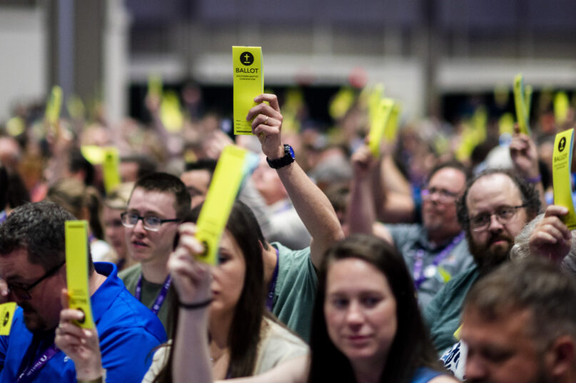 Messengers vote during the first day of the Southern Baptist Convention annual meeting at the Ernest N. Morial Convention Center in New Orleans, La., on June 13, 2023. (RNS photo/Emily Kask)