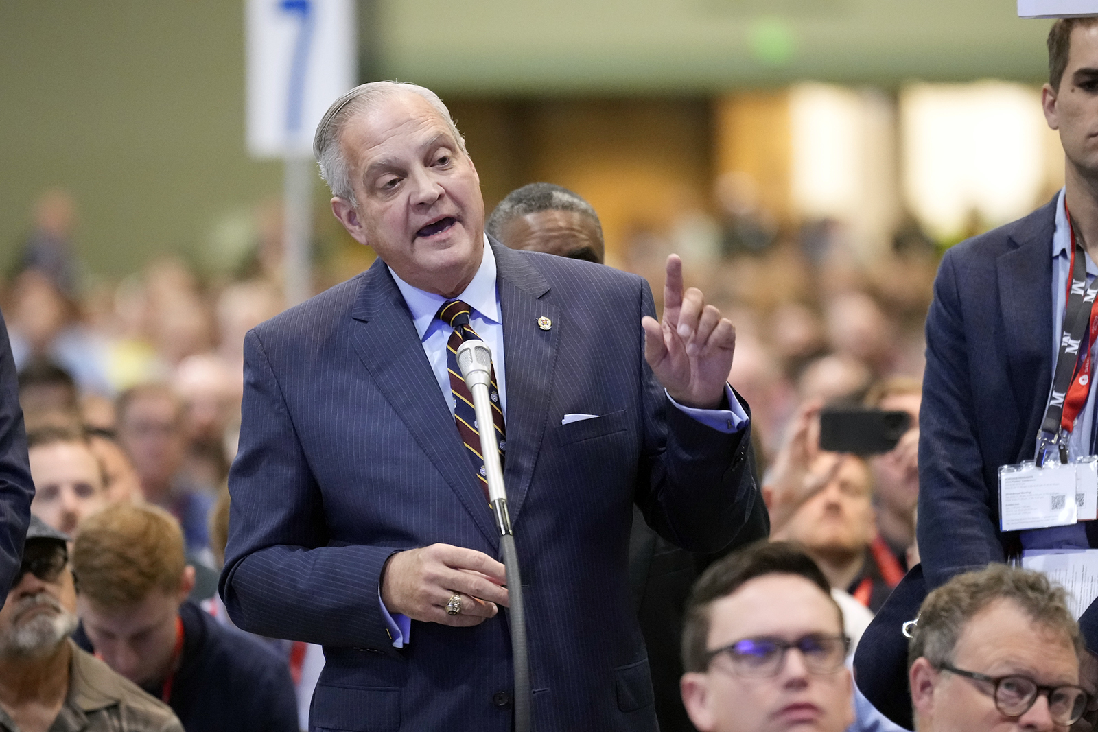 R. Albert Mohler, president of The Southern Baptist Theological Seminary, speaks from the floor during the Southern Baptist Convention annual meeting at the Indiana Convention Center in Indianapolis, Wednesday, June 12, 2024. (RNS Photo/AJ Mast)