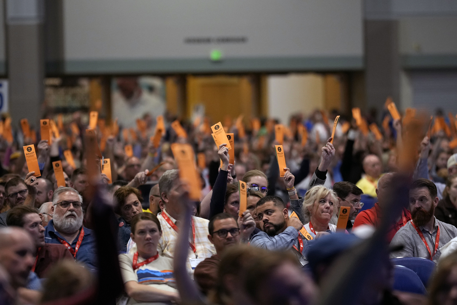 Messengers vote at the Southern Baptist Convention annual meeting at the Indiana Convention Center in Indianapolis, Wednesday, June 12, 2024. (RNS Photo/AJ Mast)