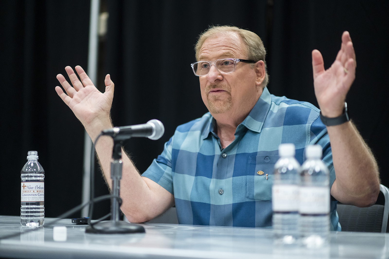 Rick Warren speaks with media at the Southern Baptist Convention annual meeting at the Ernest N. Morial Convention Center in New Orleans, Wednesday, June 14, 2023. RNS photo by Emily Kask