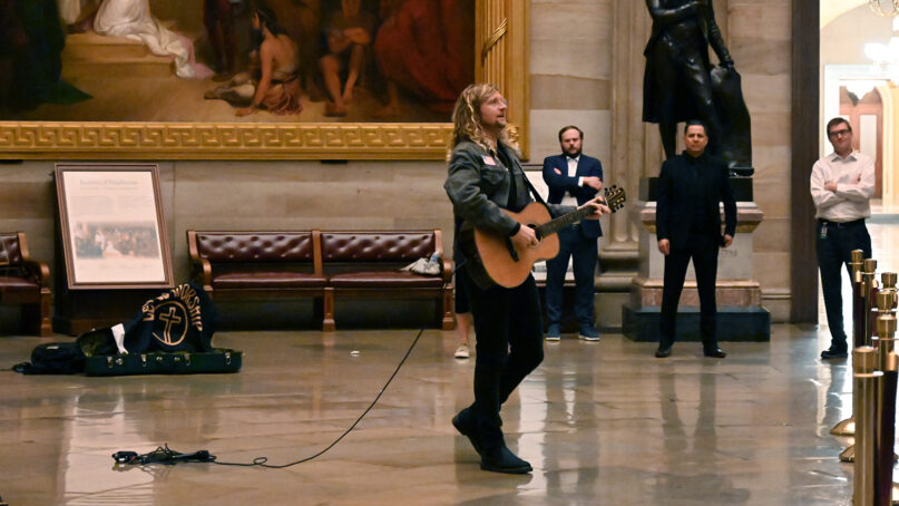 Musician Sean Feucht performs in the Rotunda of the U.S. Capitol, March 9, 2023, in Washington. (RNS photo/Jack Jenkins)