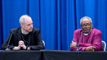 Presiding Bishop-elect Sean Rowe, left, abd Presiding Bishop Michael Curry address the media at the Episcopal Church General Convention in Louisville, Kentucky, Wednesay, June 26, 2024. (Photo by Randall Gornowich)