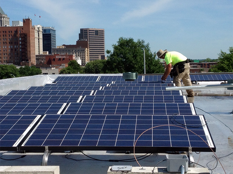 Solar panels are installed on the roof of Faith Community Church in Greensboro, N.C., in May 2015. (Photo courtesy NC WARN)