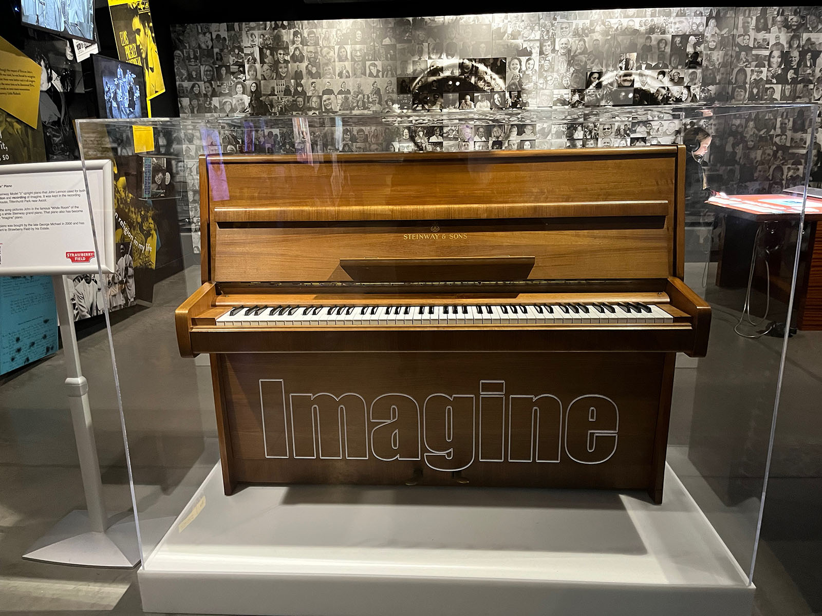 The piano on which John Lennon wrote "Imagine", loaned to Strawberry Field by the George Michael estate, on display at the Salvation Army museum in Liverpool, England. (Photo by Catherine Pepinster)