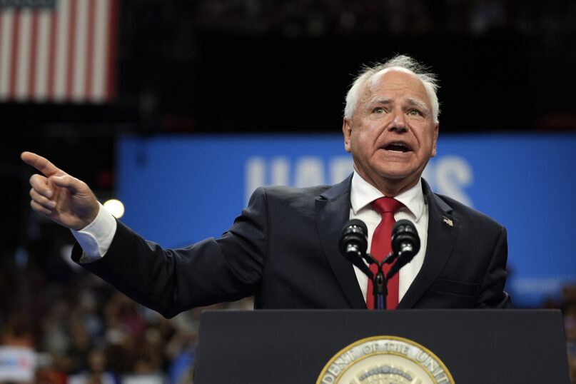 Democratic vice presidential nominee Minnesota Gov. Tim Walz speaks at a campaign rally, Saturday, Aug. 10, 2024, in Las Vegas. (AP Photo/Julia Nikhinson)