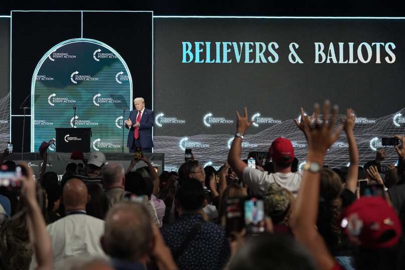 Republican presidential candidate former President Donald Trump speaks at the Believers' Summit 2024 at a Turning Point Action event in West Palm Beach, Fla., July 26, 2024. (AP Photo/Lynne Sladky)