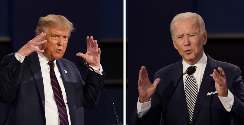 This combination image of two file photos shows then-President Donald Trump, left, and then-Democratic presidential nominee Joe Biden during a presidential debate Sept. 29, 2020, at Case Western University and Cleveland Clinic in Cleveland. (AP Photo/Patrick Semansky)