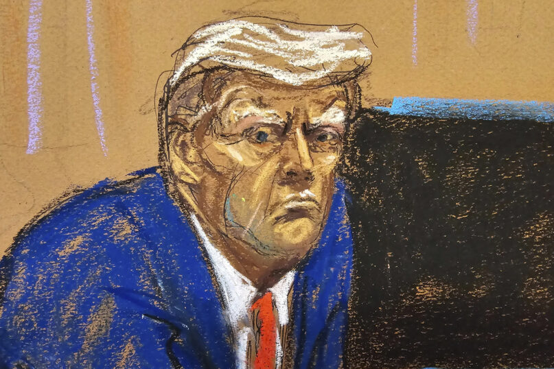 A courtroom sketch of former President Donald Trump facing the audience during his hush money trial. (Jane Rosenberg/AP, Pool)