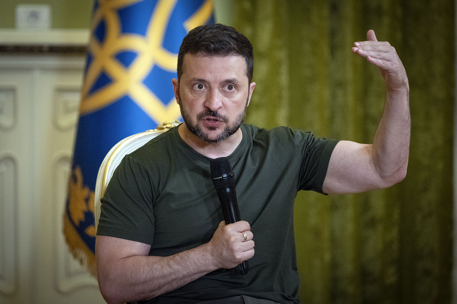 Ukrainian President Volodymyr Zelenskyy speaks during a press conference in Kyiv, Ukraine, Monday, July 15, 2024. (AP Photo/Efrem Lukatsky)