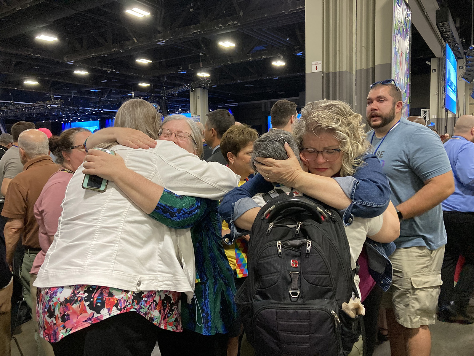 A large crowd of LGBTQ people and allies celebrate the striking down of a ban on the ordination of gay clergy at the General Conference of the United Methodist Church in Charlotte, N.C., on May 1, 2024. (RNS photo/Yonat Shimron)