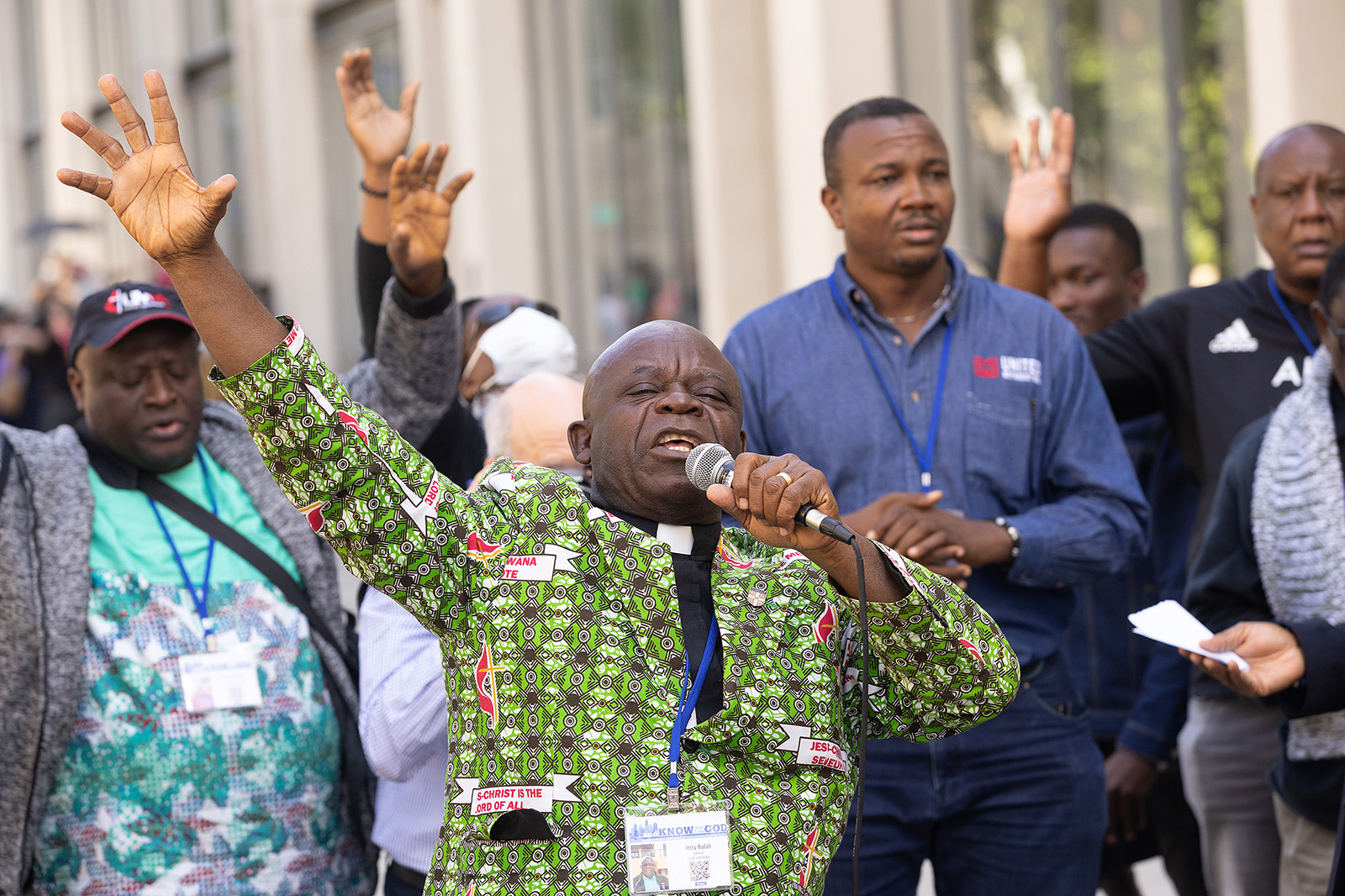 The Rev. Jerry Kulah of Liberia leads a rally in support of traditional views of marriage and sexuality, outside the 2024 United Methodist General Conference, Thursday, May 2, 2024, in Charlotte, N.C. (Photo by Mike DuBose, UM News)