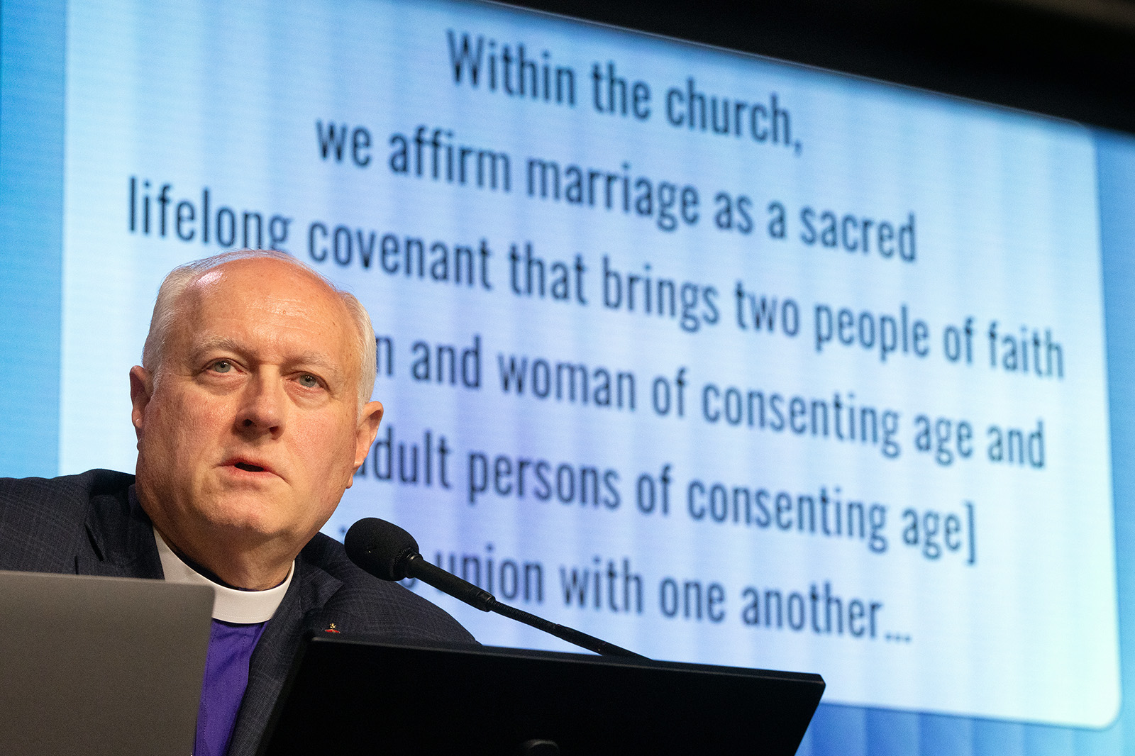 Bishop David Graves of the Alabama-West Florida Area presides over a debate about the United Methodist Church’s stance on marriage during the 2024 United Methodist General Conference, Thursday, May 2, 2024, in Charlotte, N.C. Delegates affirmed “marriage as a sacred, lifelong covenant that brings two people of faith into union with one another and into deeper relationship with God and the religious community.” (Photo by Mike DuBose, UM News)