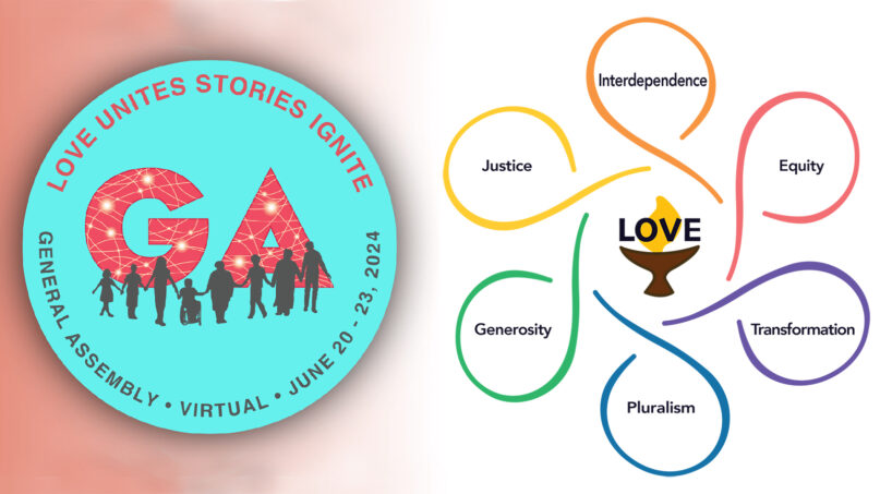 The 2024 UUA Greneral Assembly logo, left, and the Shared Values Flower Image. (Flower image by Tanya Webster)