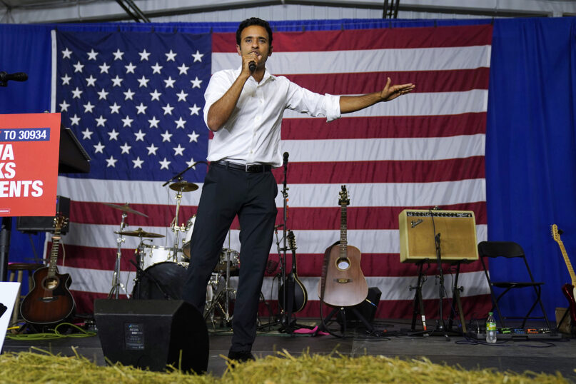 Republican presidential candidate businessman Vivek Ramaswamy speaks during a fundraising event for U.S. Rep. Ashley Hinson, R-Iowa, Sunday, Aug. 6, 2023, in Cedar Rapids, Iowa. (AP Photo/Charlie Neibergall)