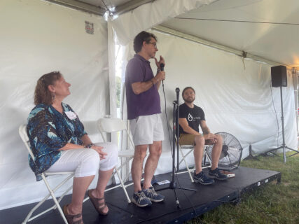 Joy Celeste Crawford, from left, Hunt Priest and Anthony Pleetanino present a session titled “Psychedelics and Spiritual Care” during the Wild Goose Festival, Friday, July 12, 2024, in Union Grove, North Carolina. (RNS photo/Ellie Davis)