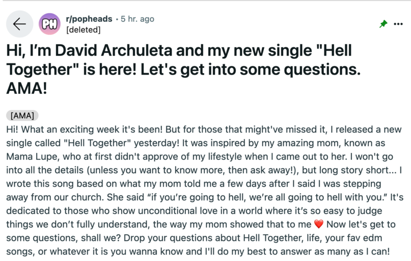 In a Popheads Reddit interview this week, singer David Archuleta discussed his mother's decision to also step away from The Church of Jesus Christ of Latter-day Saints, telling him, "If you're going to hell, we're all going to hell with you." Reddit screenshot.