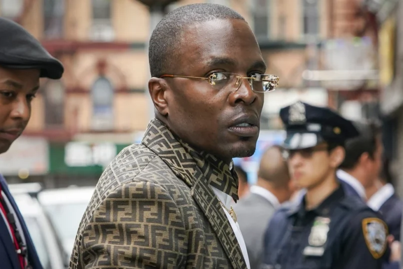 Bishop Lamor Miller-Whitehead speaks with the media, May 24, 2022, in New York. The flashy Brooklyn preacher who played up connections to New York City’s mayor, was sentenced Monday, June 17, 2024, to nine years in prison for multiple frauds. (AP Photo/Mary Altaffer, File)